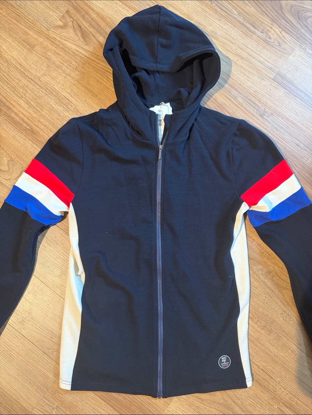 Men's Navy Blue Hooded Performance Ski Zip Jacket with Red & Blue Accents